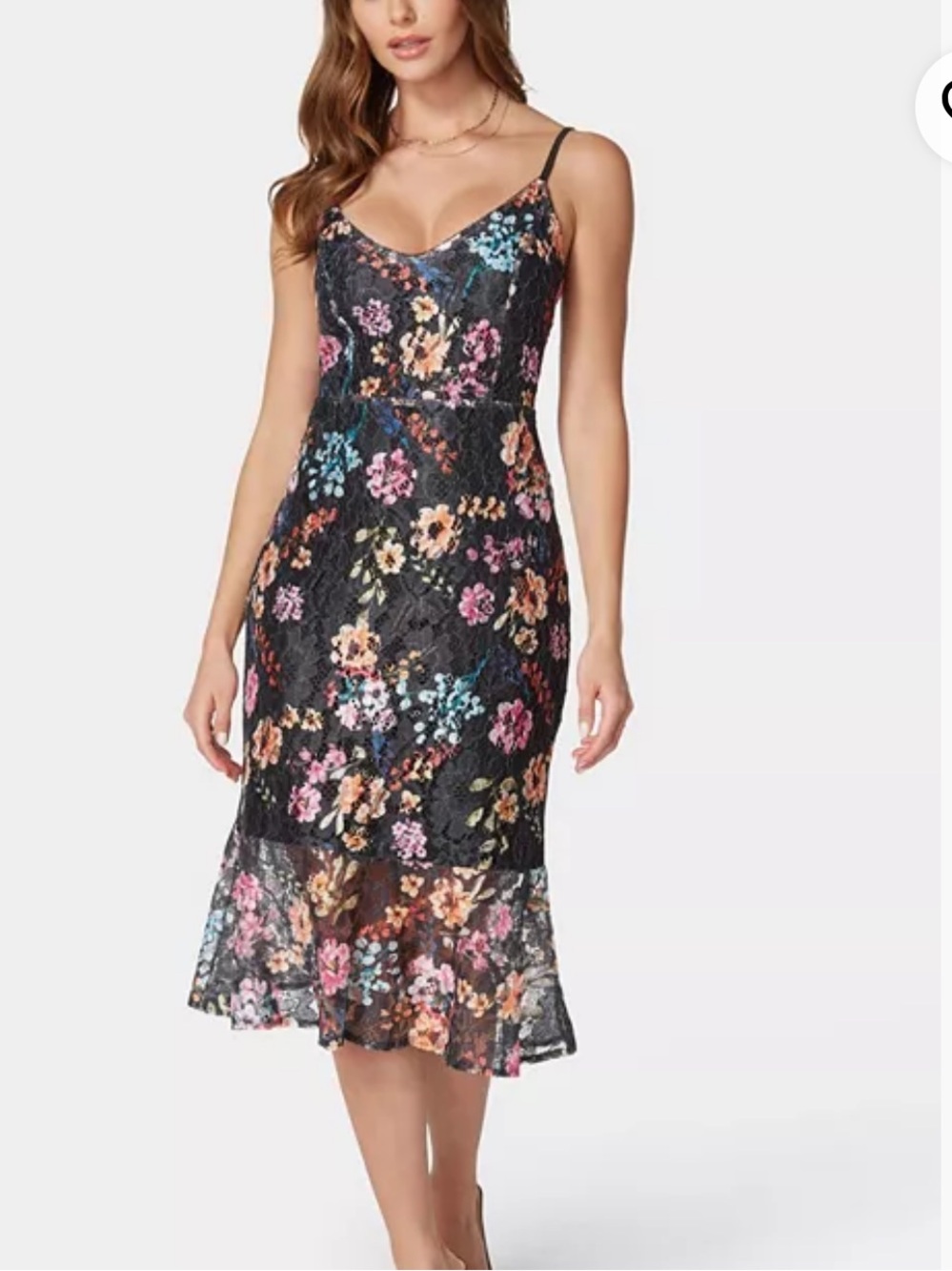 Bebe Floral Printed Lace Sleeveless Midi Dress Ruffle Hem Sz L